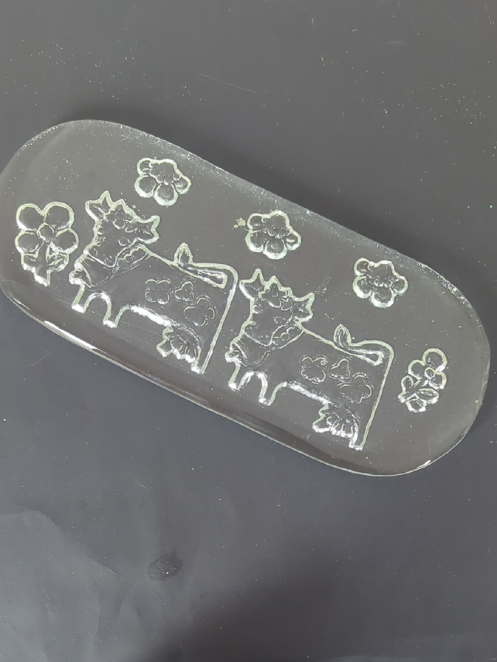 Glasi Hergiswil Clear Glass Cheese or Butter Tray with Olma Swiss Cow Motif